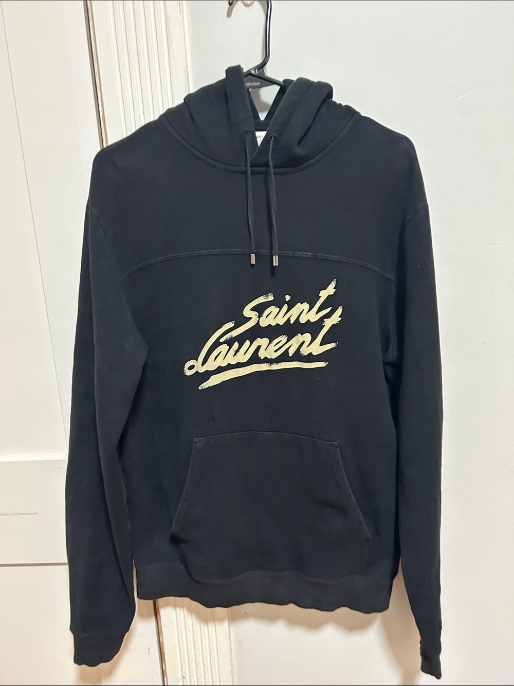 Saint Laurent Black Hoodie with Cream Script Logo